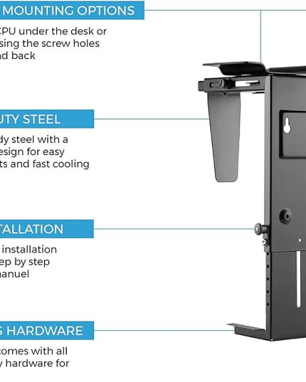 HumanCentric Adjustable Under Desk Computer Mount and Wall Mount, CPU Holder Fits Most PC or Computer Cases, Adjustable Height and Width, Full 360 Swivel, Up to 22 lb, Hardware Included