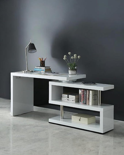 47" Swivel Top Desk with Storage Shelves - 360° Rotating Tabletop Computer Workstation for Home Office - Full Glossy Mirror Finish Space-Saving Corner Writing Table, White