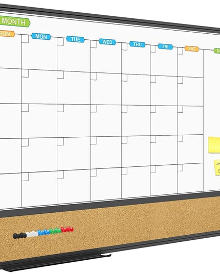 JILoffice Magnetic Calendar Whiteboard & Bulletin Corkboard Combination, Combo Board 36 x 24 Inch, Black Aluminum Frame Wall Mounted Board for Office Home and School with 10 Push Pins