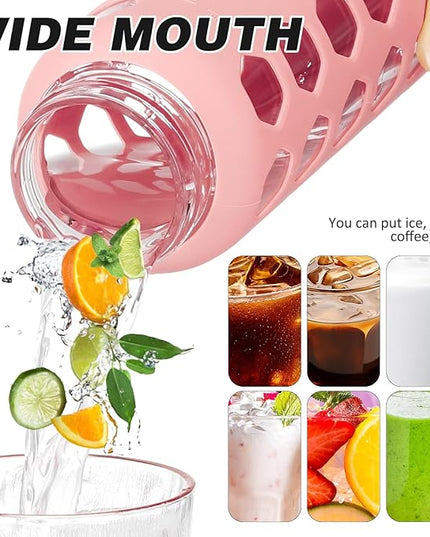 MUKOKO Glass Water Bottles, 24oz Glass Tumbler with Straw, Drinking Bottles with 2 Lids-Handle Spout Lid&Bamboo Straw Lid, Motivational Water Bottle with Time Marker and Silicone Sleeve, 1 Pack-Pink