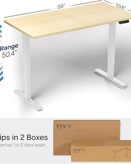 VIVO Electric 60 x 24 in Dual Motor Sit Stand Desk, Memory Height Adjustment, 2B Series, Light Wood Top White Frame, DESK-KIT-2W6C