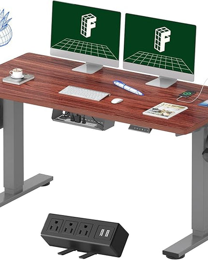 FLEXISPOT EN2 Whole-Piece Standing Desk with Clamp Power Strip, 55 x 28” Electric Stand Up Height Adjustable Desk with Cable Management (Gray Frame + 55" Mahogany Top, 2 Packages)