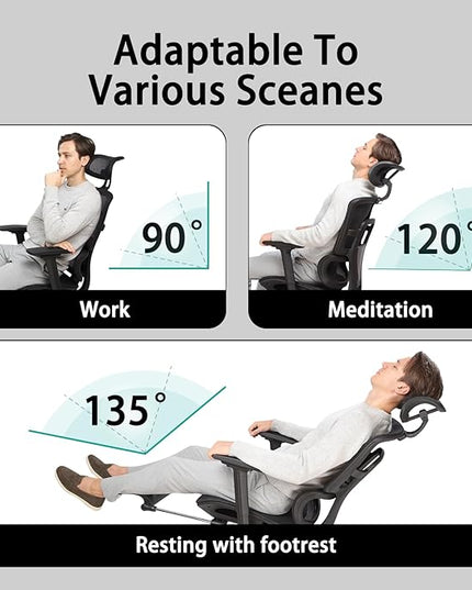 Ergonomic Office Chair with Footrest, Big & Tall, 4D Adjustable Armrests, Comfy Swivel Rolling Mesh Computer Desk Chair with Lumbar Support, Wheels for Office, Home, Gaming, Elite S2
