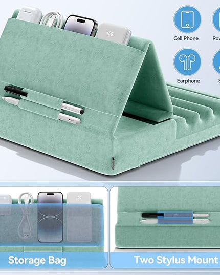 KDD Tablet Pillow Holder, Foldable iPad Stand for Lap, Bed and Desk -Tablet Soft Pad Dock with Pocket & Stylus Mount Compatible with iPad Pro 12.9, 10.5, 9.7 Air Mini 6 5 4 3, E-Reader