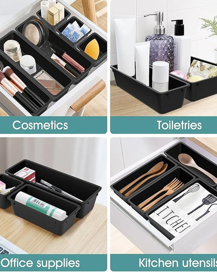 WOWBOX 25 PCS Plastic Drawer Organizer Set, Desk Drawer Divider Organizers and Storage Bins for Makeup, Jewelry, Gadgets for Kitchen, Bedroom, Bathroom, Office, Deep Black