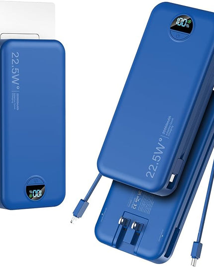 20000mAh Ultra-Portable-Charger-Power-Bank PD20W with Built in Cables&AC Wall Plug,Fast Charging Cell Phone Charger Battery Pack,LED Display Travel Battery Bank for All iPhone,Samsung,Android