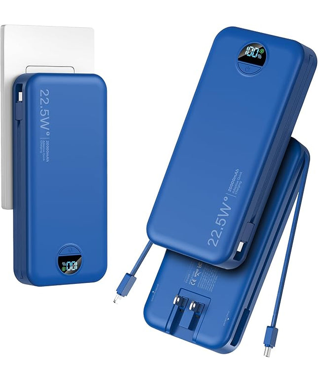20000mAh Ultra-Portable-Charger-Power-Bank PD20W with Built in Cables&AC Wall Plug,Fast Charging Cell Phone Charger Battery Pack,LED Display Travel Battery Bank for All iPhone,Samsung,Android
