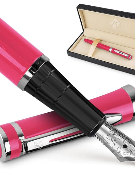 Wordsworth & Black Fountain Pen Set, Medium Nib, Includes 24 Ink Cartridges and Ink Refill Converter, Gift Case, Journaling, Calligraphy, Smooth Writing Pens [Hot Pink], Perfect for Men and Women