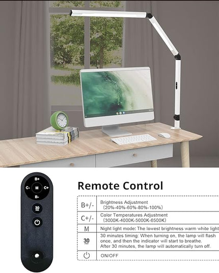 Micomlan LED Desk Lamp for Home Office, Architect Clamp Desk Lamp with Remote Control, Adjustable Dimmable Swing Arm Clamp on Table Light Clip-on Dual Light 5 Brightness Levels & 4 CCT Modes