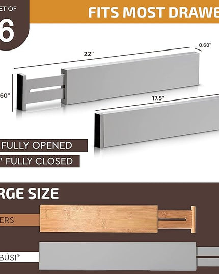 Adjustable Bamboo Drawer Divider Organizers - 6 Pack Large Expandable Drawer Organization Separators for Kitchen Utensils, Dresser, Bedroom, Bathroom, Baby Drawer, Office - 17.5” to 22" (Gray)