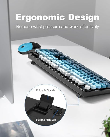 MOFII Wireless Keyboard and Mouse Combo, Full Size 2.4G Plug and Play Typewriter Retro Round Computer Keyboard and Mouse Set for Windows, Computer, Desktop, PC, Notebook - (Black Blue Gradient)