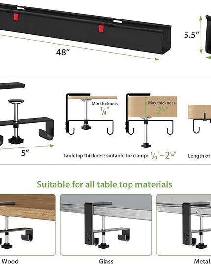 KEEGH Extra Large 48" Under Desk Cable Management Tray - Under Desk Cord Management - Clamp/Screw Mount - Support Upto 70lbs - Fabric Wire Management - Cable Raceways Tray Cord Hiders for Office/Home
