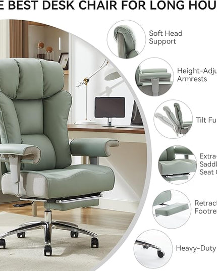Efomao Big and Tall Green Office Chair 450LBS – Ergonomic High-Back Executive Chair with Footrest, Adjustable Padded Armrests, PU Leather Computer Chair with Lumbar Support for Home or Office，Green