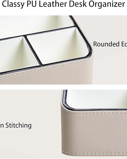 MEIBOOCH Remote Control Holder, PU Leather Small Desk Organizer with 4 Compartments, Nightstand Organizer Desk Caddy for Remote, Notepad, Phone, Glasses, and Accessories (Beige)