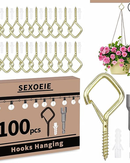 100 PCS Gold Eye Screw Hooks for Hanging Heavy Duty with Safety Buckle.Metal Ceiling Hooks for Hanging Plants Cup Wind Chime Bird Feeders Patio Lights at Indoor&Outdoor