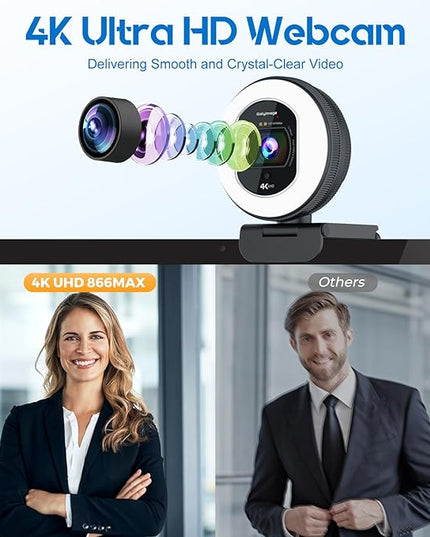 4K Webcam with Ring Light Web Cam 4K Autofocus with TOF Computer Camera 1080P 60FPS Web Camera Built-in Privacy Cover and Microphone Streaming Webcams for Zoom/Skype/Google Meet