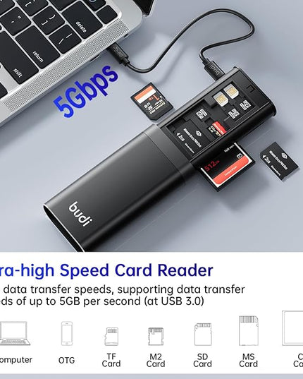 BUDI Multifunctional SD Card Reader, SD/TF/Micro SD/CF/MS/M2 7-in-1 5Gbps High-Speed Memory Card Reader USB 3.0 Type-C Interface Carrying Case Holder for Cameras, Smartphones, Drones, Action Cameras