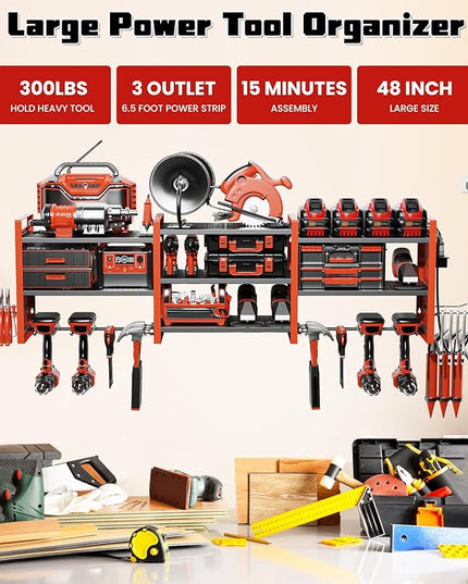 Heavy-Duty 48" Wall Mount Power Tool Organizer with Charging Station – 3-Tier Garage Organization Rack for Drills, Wrenches & Tools – Includes 16 Hooks & Pegboard Sides