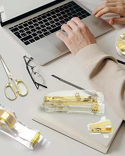 Gold Office Supplies,UPIHO Gold Desk Accessories,Stapler and Tape Dispenser Set with Large Stapler,Tape Dispenser, Staple Remover, Staples, Clips,Scissor,Pen and Sticky Notes,Gifts for Office Clerks