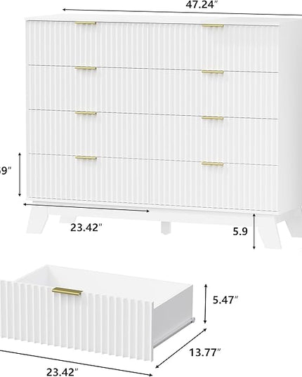Fluted Dresser for Bedroom, 8 Drawer Dressers & Chest of Drawers, Mid Century Modern Dresser for Closet Boho Bedroom Furniture, Nature Wood Chest of Drawers Storage Organizer for Living Room, White