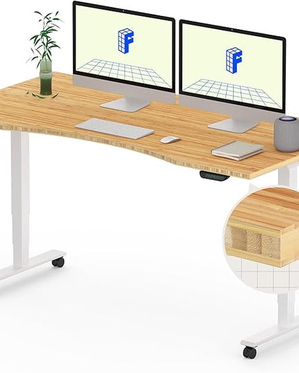 FLEXISPOT E6 MAX Bamboo 55x28 Inch Dual Motor 3-Stage Heavy Duty Standing Desk, 330lbs Weight Capacity, Height Adjustable Desk w/Cable Management & Wheels (Solid Bamboo Curved Desktop + White Frame)