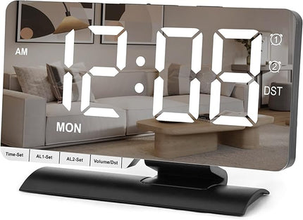 SZELAM Digital Clock,Alarm Clock Bedside,7.3'' Large LED Mirror with Date Display,Dual Alarm with 3 Mode,Brightnee Adjust,DST,Snooze Function,USB C Charging Port,5 Levels Volume for Desk Bedroom Teens