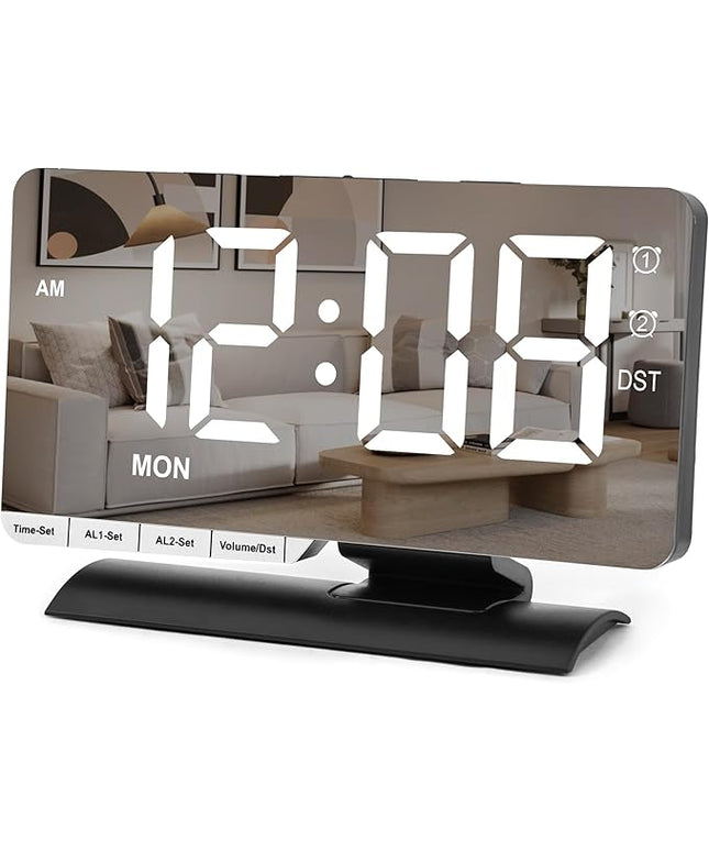 SZELAM Digital Clock,Alarm Clock Bedside,7.3'' Large LED Mirror with Date Display,Dual Alarm with 3 Mode,Brightnee Adjust,DST,Snooze Function,USB C Charging Port,5 Levels Volume for Desk Bedroom Teens
