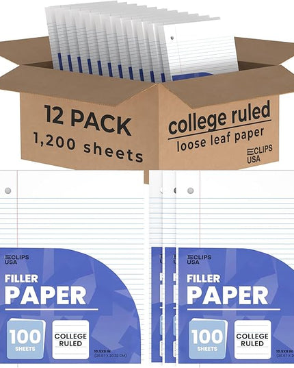 Loose Leaf Paper College Ruled Notebook Paper College Ruled Lined Writing Filler Paper 10.5” x 8” 1200 Sheets 100 Sheets Per Pack 60 gsm (12 Pack)