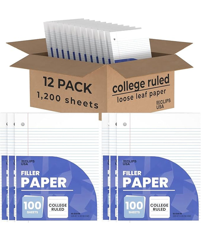Loose Leaf Paper College Ruled Notebook Paper College Ruled Lined Writing Filler Paper 10.5” x 8” 1200 Sheets 100 Sheets Per Pack 60 gsm (12 Pack)