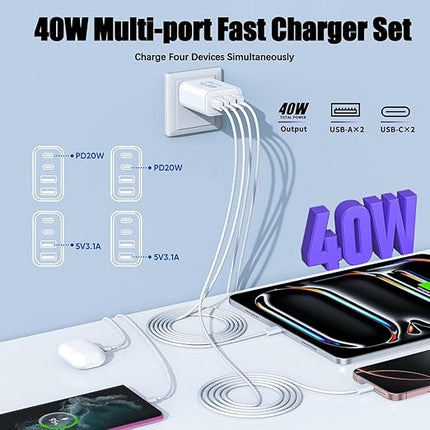 iPhone 17 16 Charger,4-Port USB C Charger Block Fast Charging 2Pack 40W Apple Wall Charger with 10FT USB C to C Woven Braid Cable Cord for iPhone 17 Pro Max/17 Pro/17/Air/16e/16 Pro Max/16 Plus/15