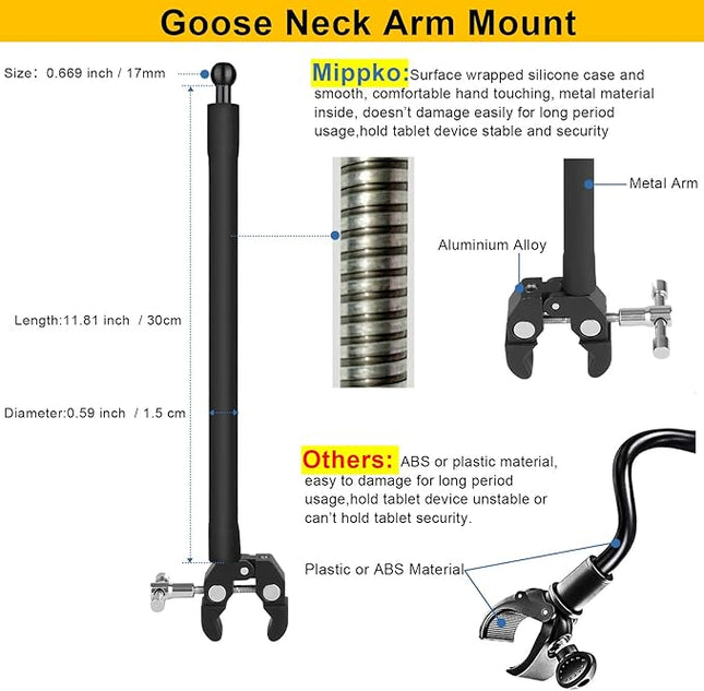Mippko Tablet Holder for Treadmill/Elliptical/Spin Bike/Peloton/Indoor Cycle,Gooseneck Arm Super Crab Clamp Mount Compitable with 4.7~12.9" iPad/Nexus/LG G Pads/e-Reader/Switch/iPhone