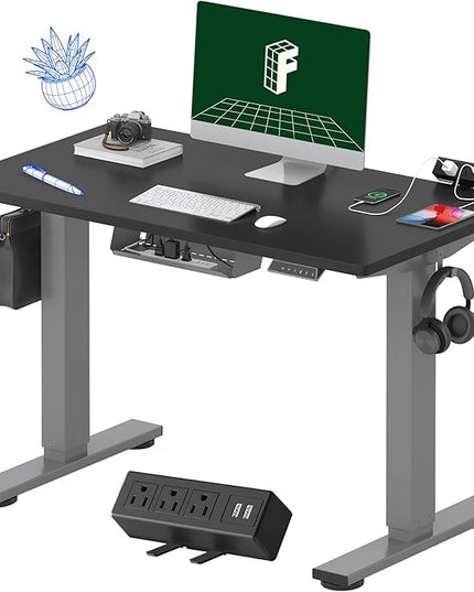 FLEXISPOT EN2 Whole-Piece Standing Desk with Clamp Power Strip, 40x24'' Electric Stand Up Height Adjustable Desk with Cable Management (Gray Frame + Black Top, 2 Packages)