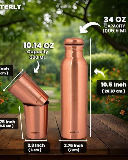Plain Copper Water Bottle (34 Oz /1000ml) With Set Of 2 Tumbler (10 Oz/300ml Each) | Best use for Office,Gym & gifts |100% Pure Copper Material with Leak proof Quality Made In India