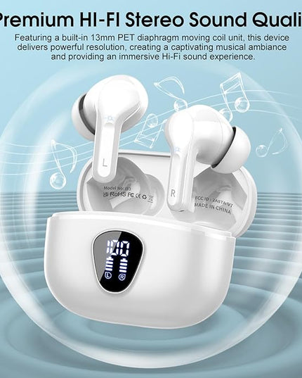 Wireless Earbuds, Bluetooth 5.4 Headphones HiFi Stereo, Bluetooth Earbuds with ENC Noise Cancelling Mic, IP7 Waterproof in Ear Earphones, 48H, LED Display Ear buds for Pad Phones Workout Sports, White