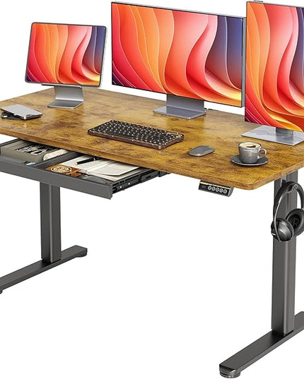 YDN Standing Desk with Drawers, Electric Adjustable Height 55 x 24 Inch Stand Up Desks for Home Office, Rustic Brown