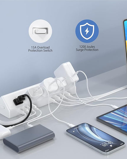 45W Fast Charging Station,Desk Clamp Power Strip,4 PD USB-C Ports,5 AC Outlets,Surge Protector Power Strip, 14AWG Heavy Duty Cord, Fits 1.9" Tabletop Edge (White, 20 FT Cable)