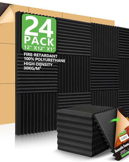 24 Pack Acoustic Panels, 1" X 12" X 12" Acoustic Foam Panels, Sound Proof Foam Panels, Self-Adhesive Soundproof Wall Panels ,Fire-Proofed Soundproofing Wedges,Acoustic Treatment Foams for Home-Black