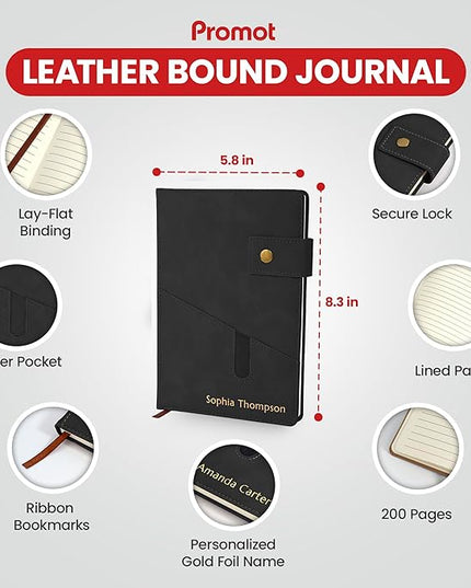 Promot Personalized Notebook - A5 Lined Leather Bound Journal for Writing Women Men - Hardcover Executive Notebook, Daily Journal, Travel Diary, Gift Idea, Custom Embossed Text with Gold Metallic Foil