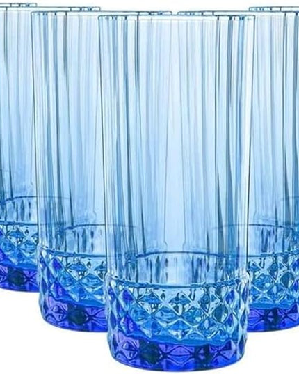 Bormioli Rocco America '20s Set Of 6 Cooler Glasses, 16.5 Oz. Colored Crystal Glass, Sapphire Blue, Made in Italy.