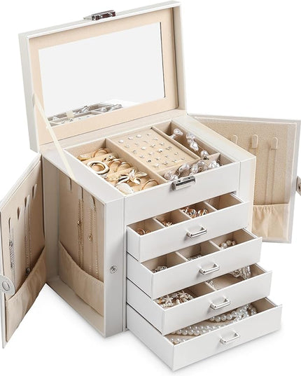 Frebeauty 5-layer Jewelry Box,Faux Leather Jewelry Organizer with 4 Drawers,Jewelry Organizers and Storage with Mirror,Jewelry Holder Organizer for Necklace,Jewerly Boxes for Women Girls(White)