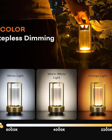 Portable Metal Table Lamp for Indoor/Outdoor ,Rechargeable Cordless LED Lamp, 3-Colour Infinitely Dimming Battery Powered Small Desk Lamp, Restaurant/Bedroom/Bar/Coffee/Camping Light (Gold Set of 2)