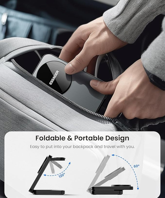 ESSAGER 3 in 1 Foldable Travel Wireless Charger Compatible with iPhone 16/15/14/13/12 Series, 15W Magnetic Wireless Charging Station for Desk for Airpods 4/3/2/Pro, iWatch with 20W Adapter