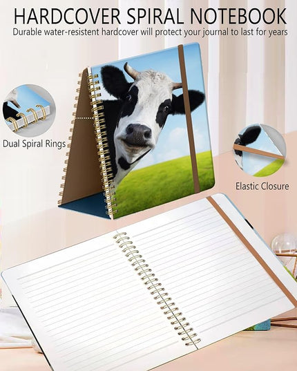 Spiral Journal Notebook, A5 Cute Notebooks for Women Men, College Ruled Hardcover Notebook for Work & Note Taking, 60 Pages Double-Wire Journals for Writing, Funny Cow