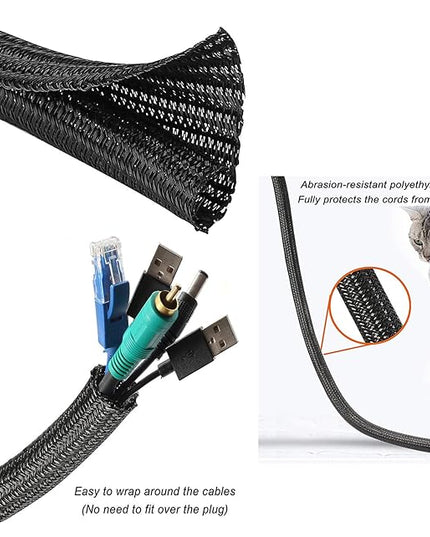 1/2"-10ft*2pcs Black/White Cable Sleeve - Protects Cords from Pets & Organizes Wires - Modern Style - Polyester Material - Flame Retardant - Easy to Use & Cut (Black, 10ft-1/2inch)