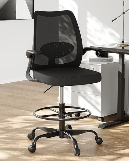 Drafting Chair,Tall Office Chair with Adjustable Footrest Ring,Lumbar Support,Ergonomic High Desk Seat,Flip-Up Armrests,Breathable Mesh Standing Stool for Home Office,Black
