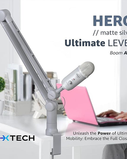 IXTECH Boom Arm - Adjustable 360° Rotatable Microphone Sturdy Stainless Steel Mic Desk, Table Stand Foldable Scissor Stable Mount Arms for Radio Studio, Podcast, Gaming (MATTE SILVER)