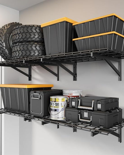 4 Pack Heavy Duty Garage Wall Shelving Set (2x3ft), Wall Mounted Garage Shelves 1400lbs Capacity, 24"x72" Shelf Storage Rack Floating Shelves, Black