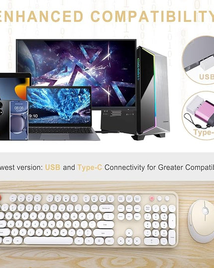 Wireless Keyboard and Mouse Combo, Ergonomic Full Size Typewriter Retro Round Keycaps Keyboard, Compatible with Windows, PC, Perfer for Home and Office Keyboards (Beige