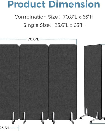70.8" W x 63" H Freestanding Partition Room Dividers, Acoustic Panels with Wheels, 3 Soundproof Privacy Panels for Office, Reception Room, School, Hospital, Dark Grey