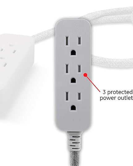 GE Pro 3 Outlet Surge Protector Power Strip, 8 Ft Designer Braided Extension Cord, Flat Plug, Wall Mount, Heather Gray, 45916